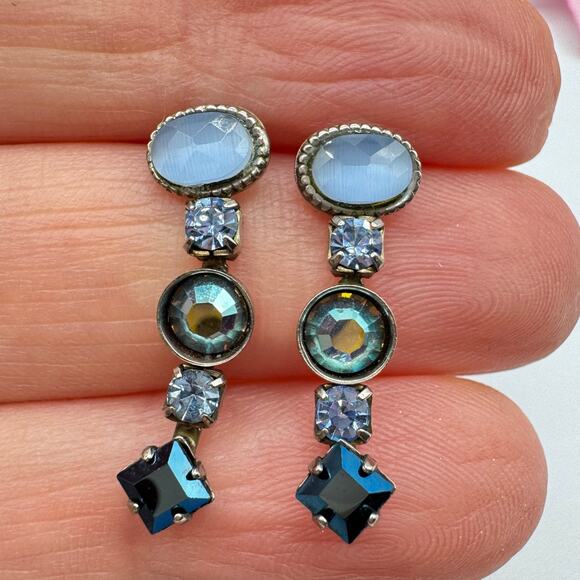 Vintage Sorrelli Blue Rhinestone Linear Drop Earrings Silver Tone Regency Signed - Picture 2 of 5